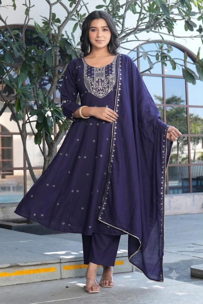 Navy Blue Embroidered Kurta Set with Dupatta