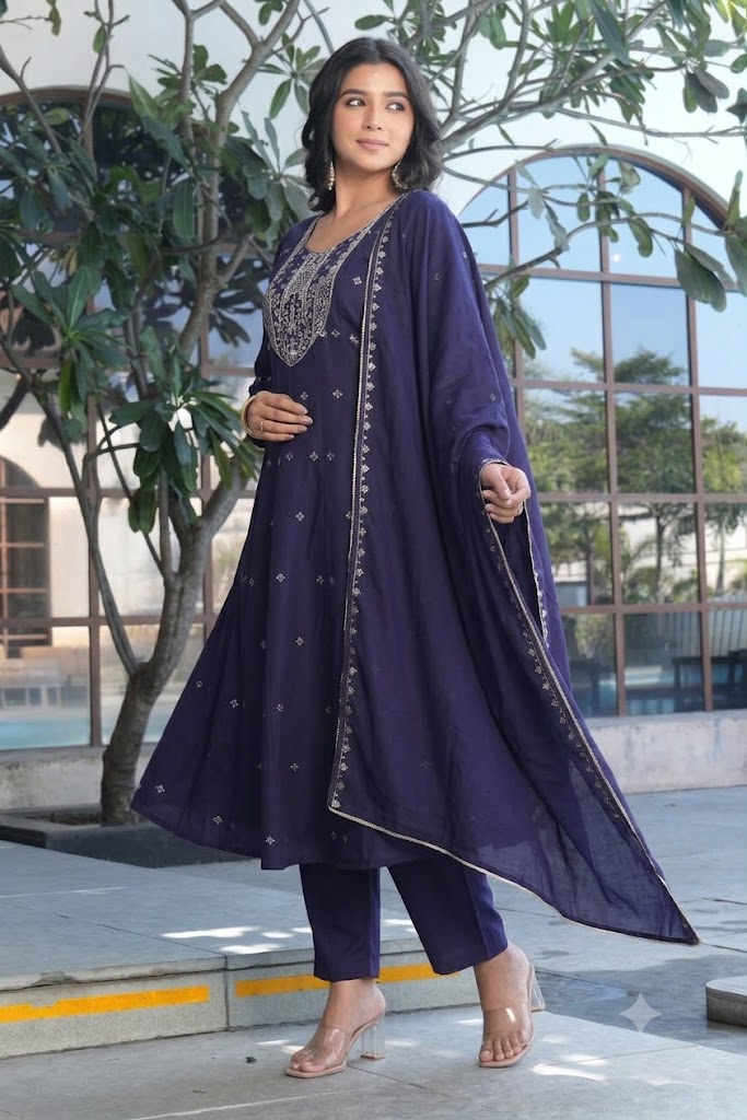 Navy Blue Embroidered Kurta Set with Dupatta