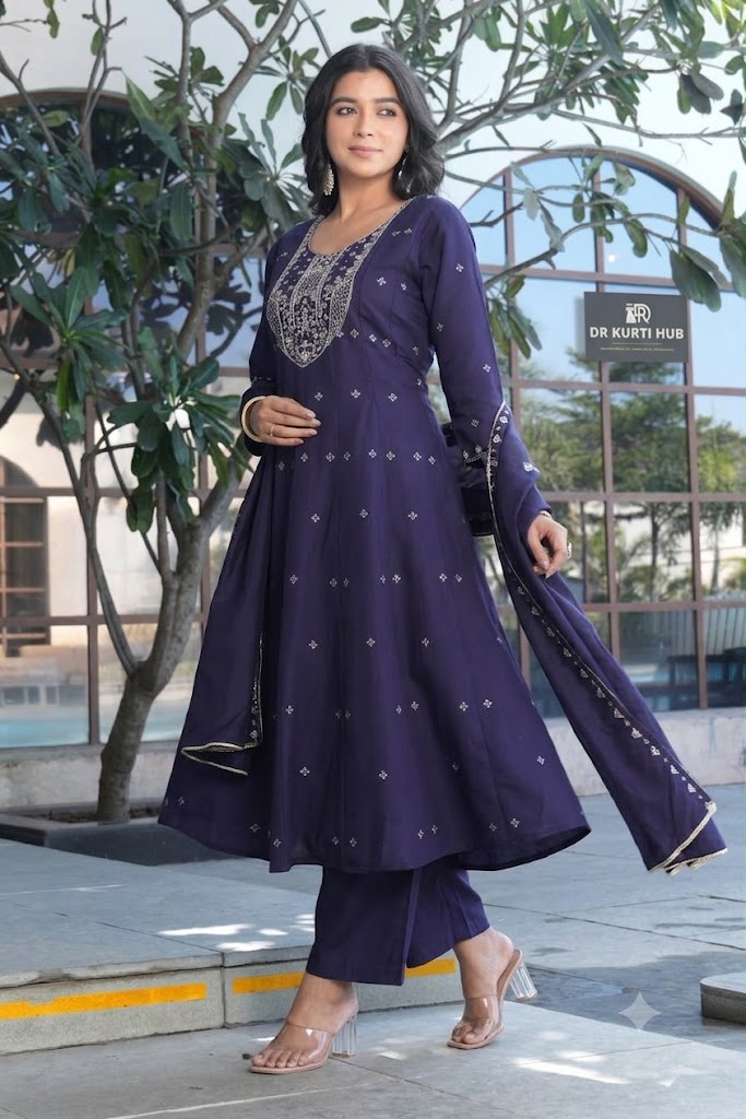 Navy Blue Embroidered Kurta Set with Dupatta