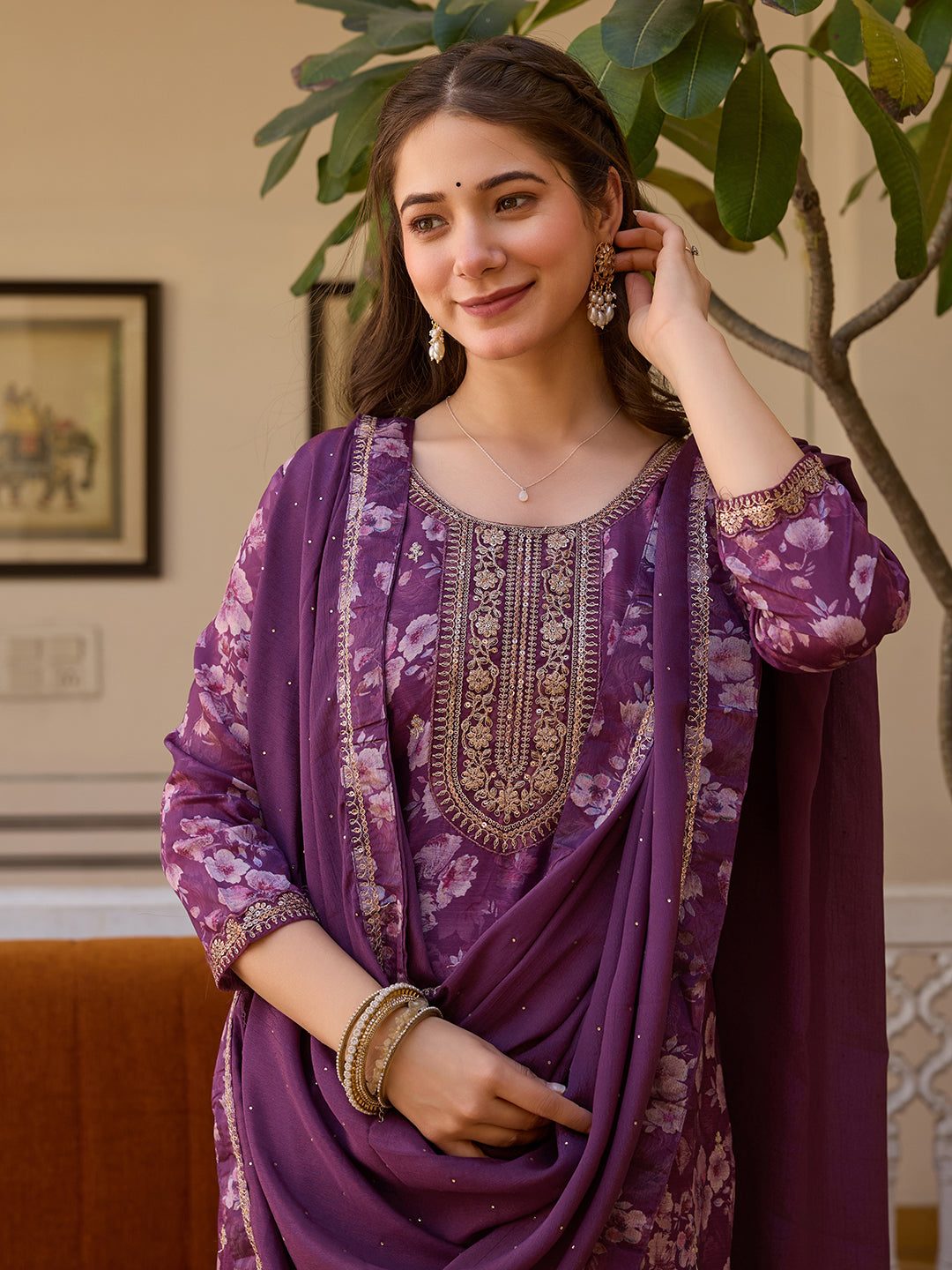 Purple Floral Printed Kurta Pant Set