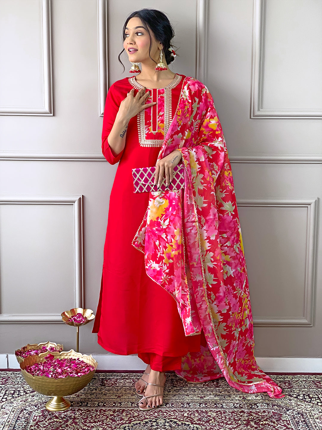 Red Floral Dupatta Kurta Pant Set