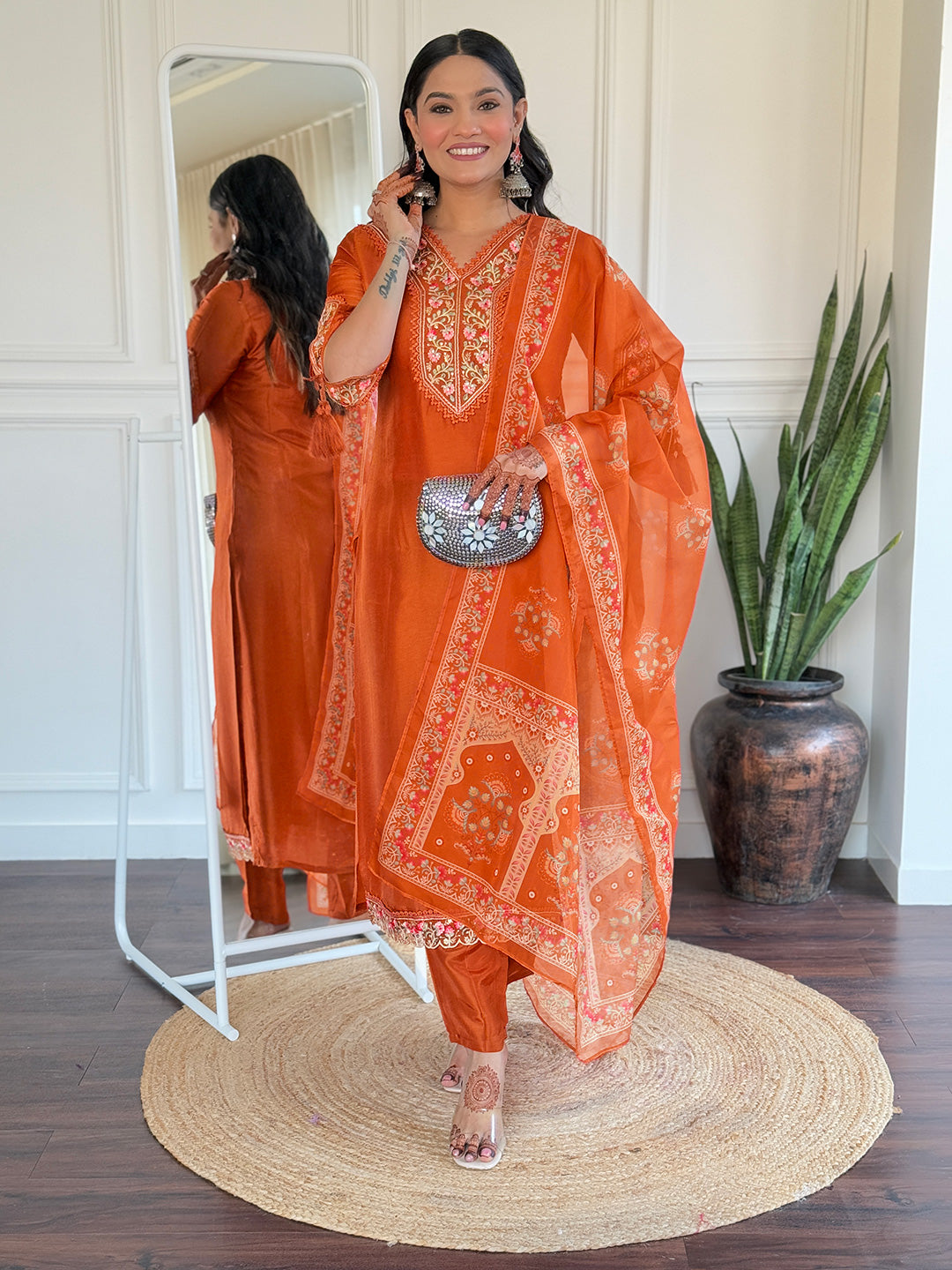 Orange Heritage Embroidered Kurta Pant Set
