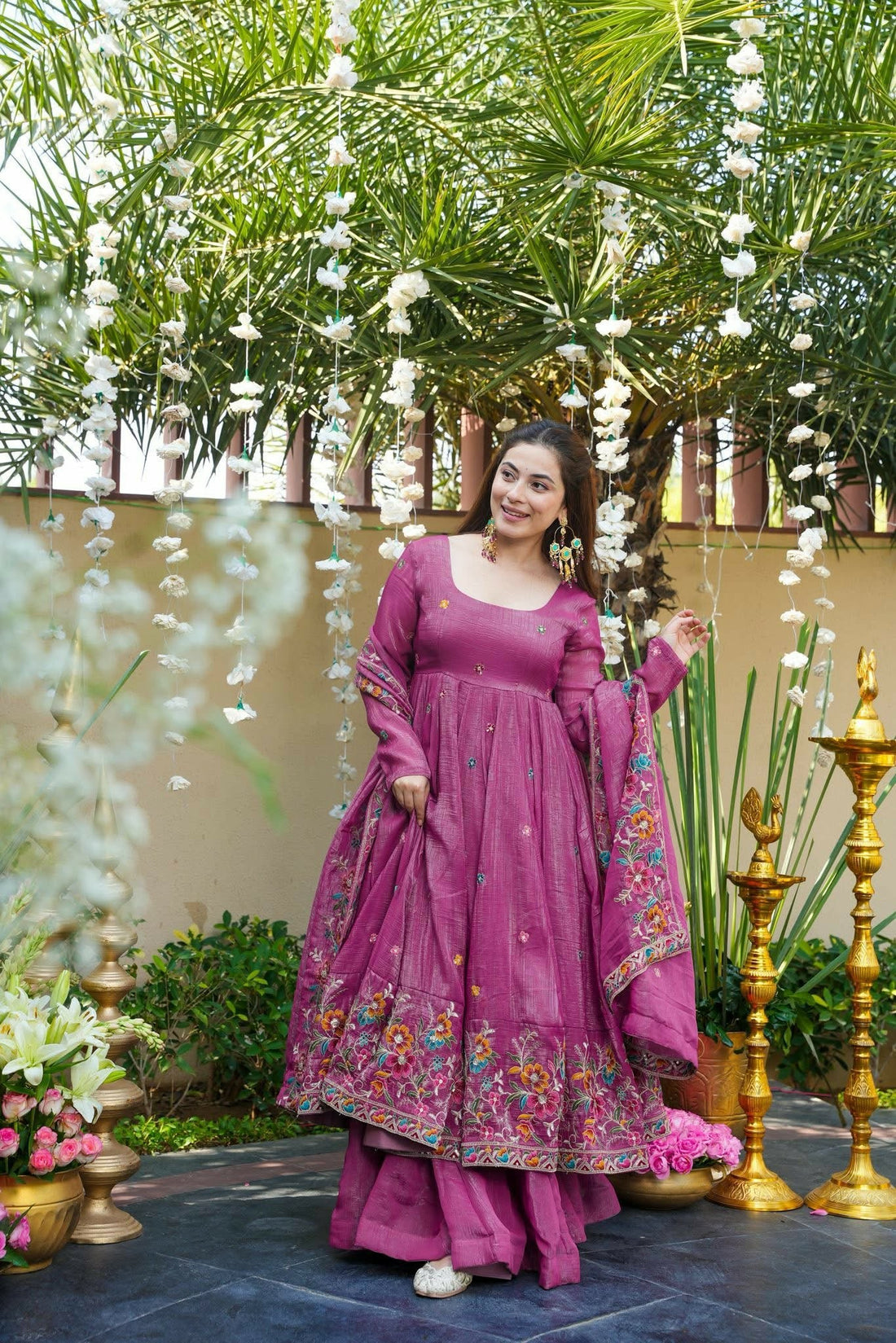 Magenta Pink Floral Crunchy Silk Anarkali Suit Set