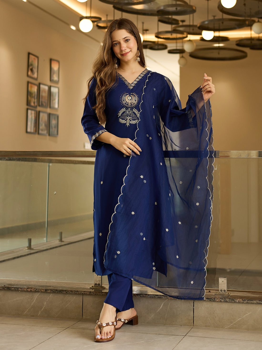 Royal Navy Blue Solid Straight Salwar Suit Set