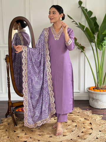 Lavender Embroidered Kurta Pant Set