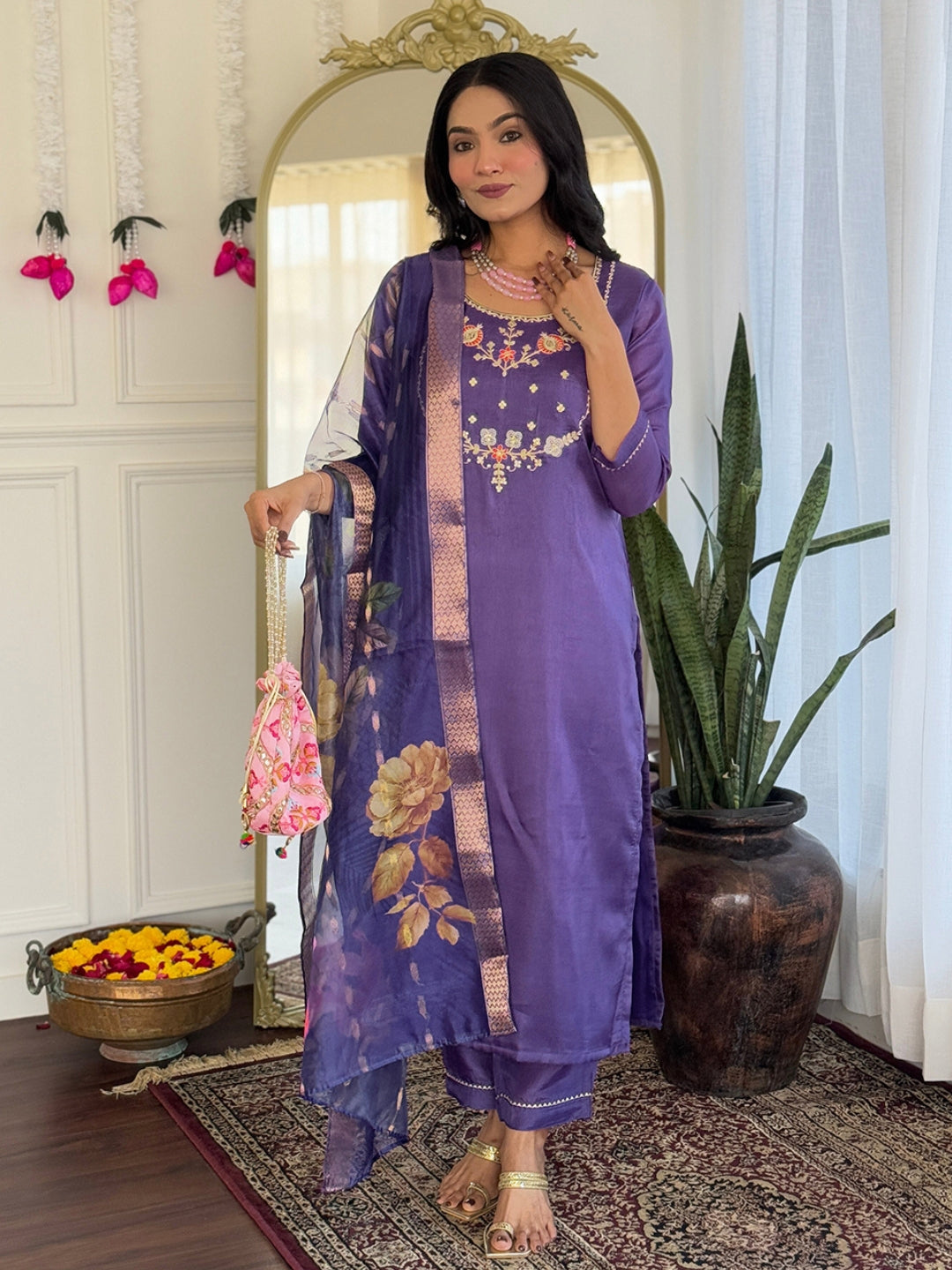 Purple Bloom Floral Kurta Pant Dupatta Set