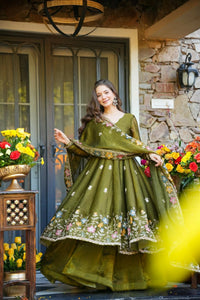Olive Green Floral Crunchy Silk Anarkali Suit Set