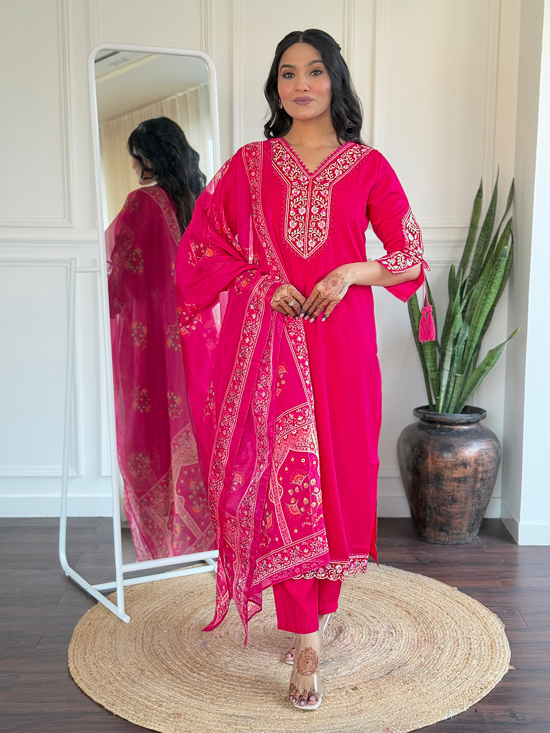Rani Pink Heritage Embroidered Kurta Pant Set