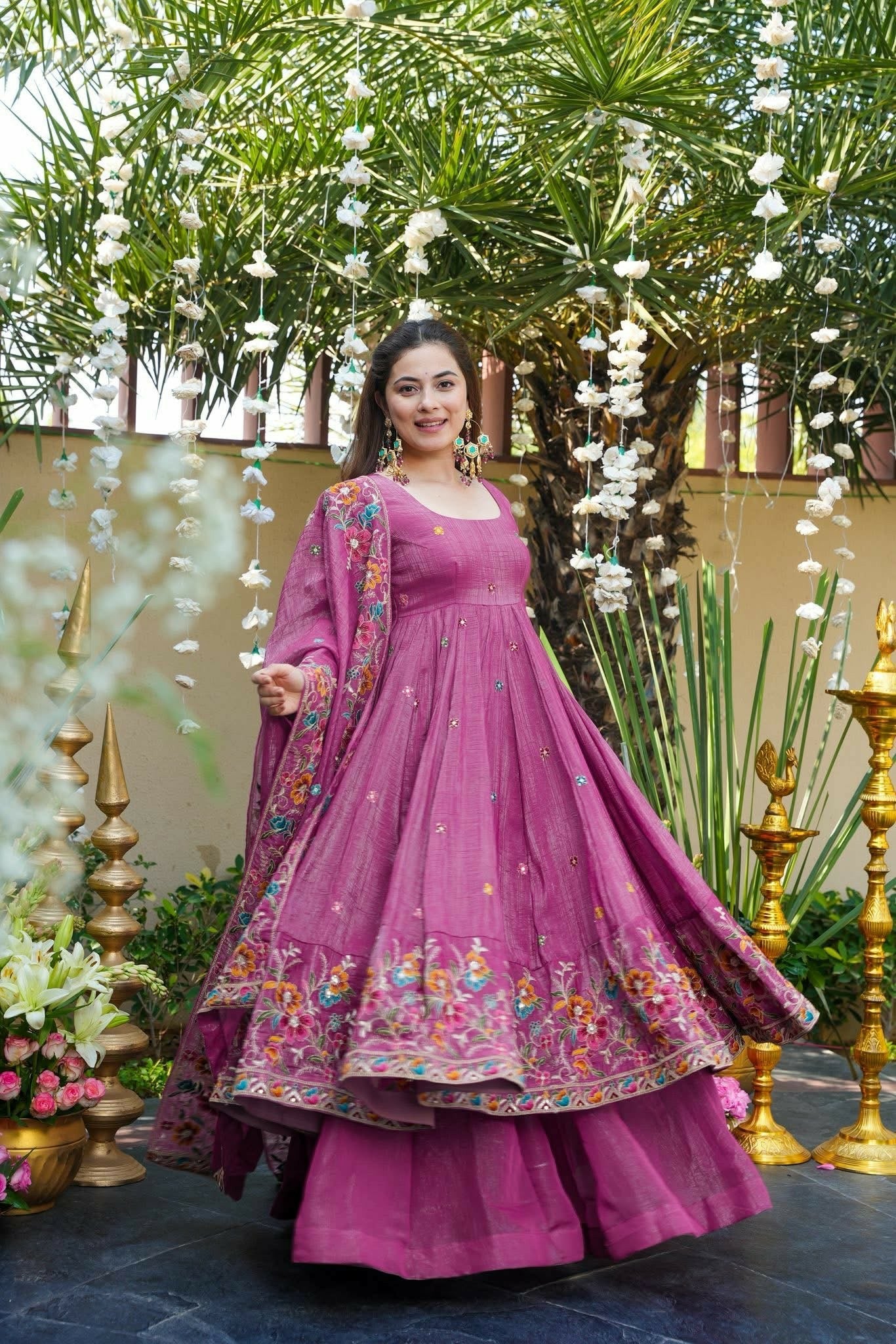 Magenta Pink Floral Crunchy Silk Anarkali Suit Set
