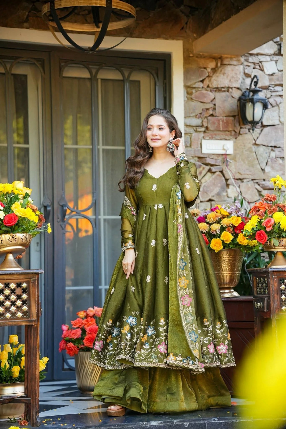 Olive Green Floral Crunchy Silk Anarkali Suit Set