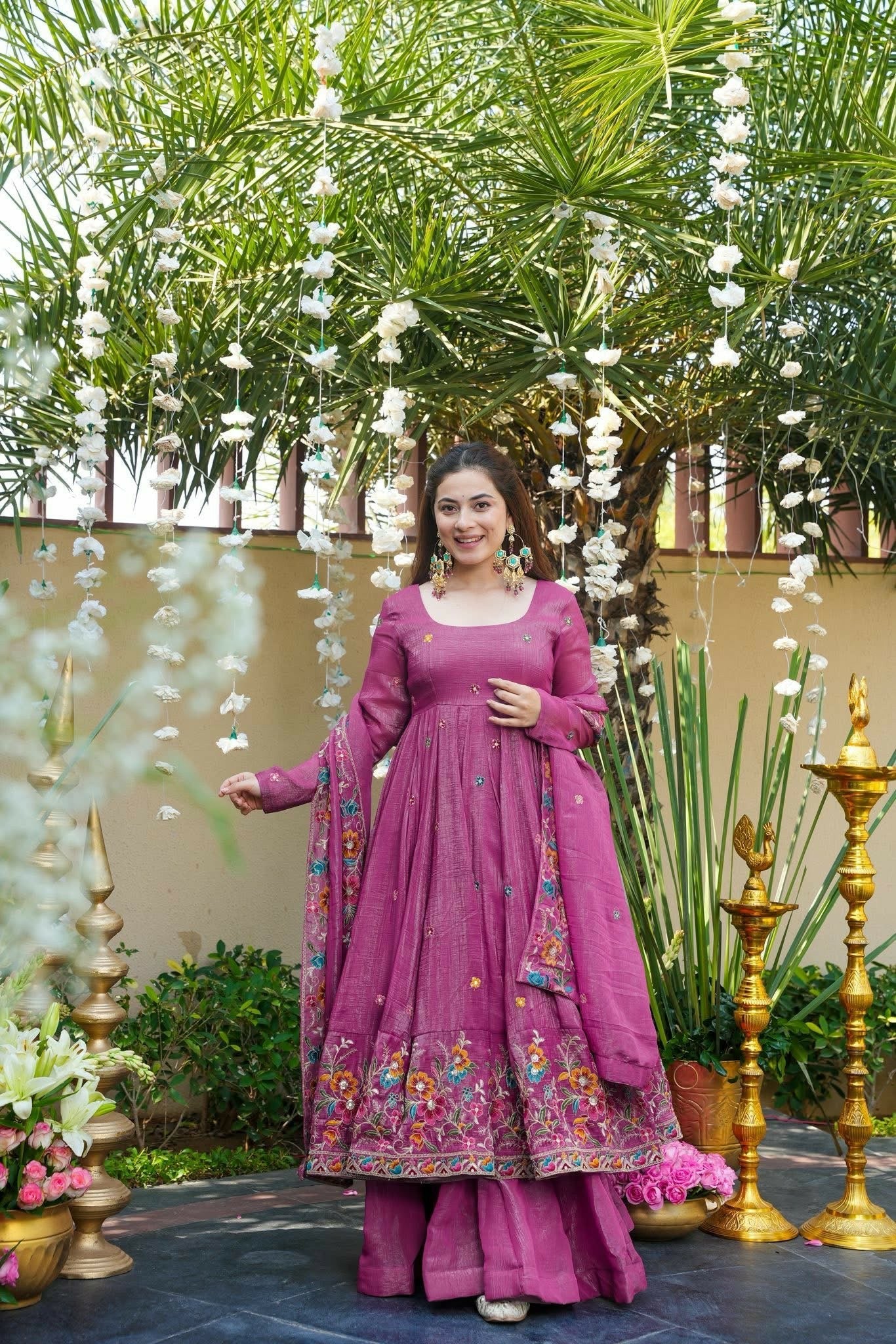 Magenta Pink Floral Crunchy Silk Anarkali Suit Set