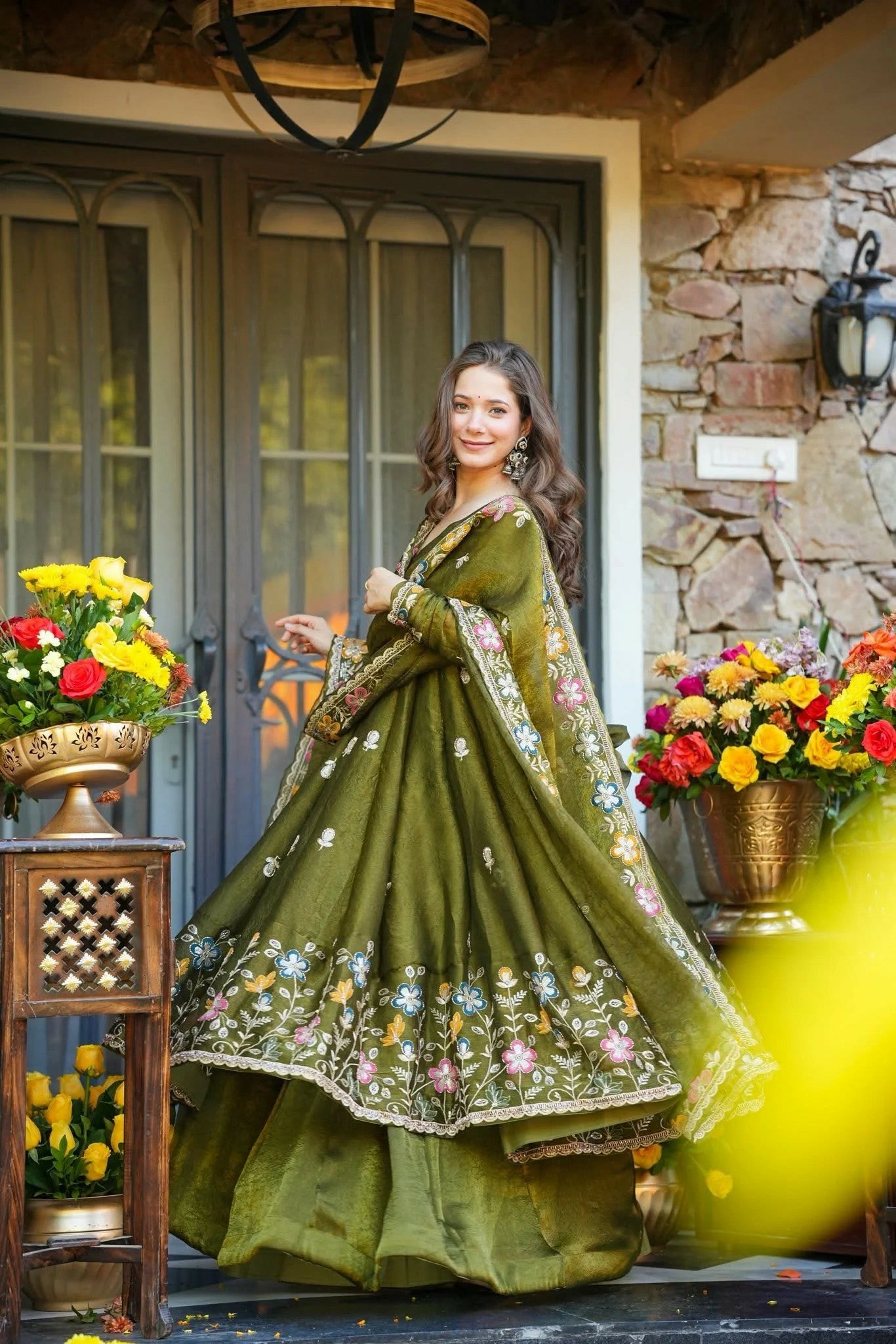 Olive Green Floral Crunchy Silk Anarkali Suit Set