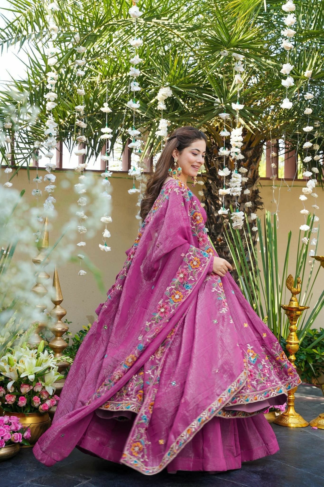 Magenta Pink Floral Crunchy Silk Anarkali Suit Set