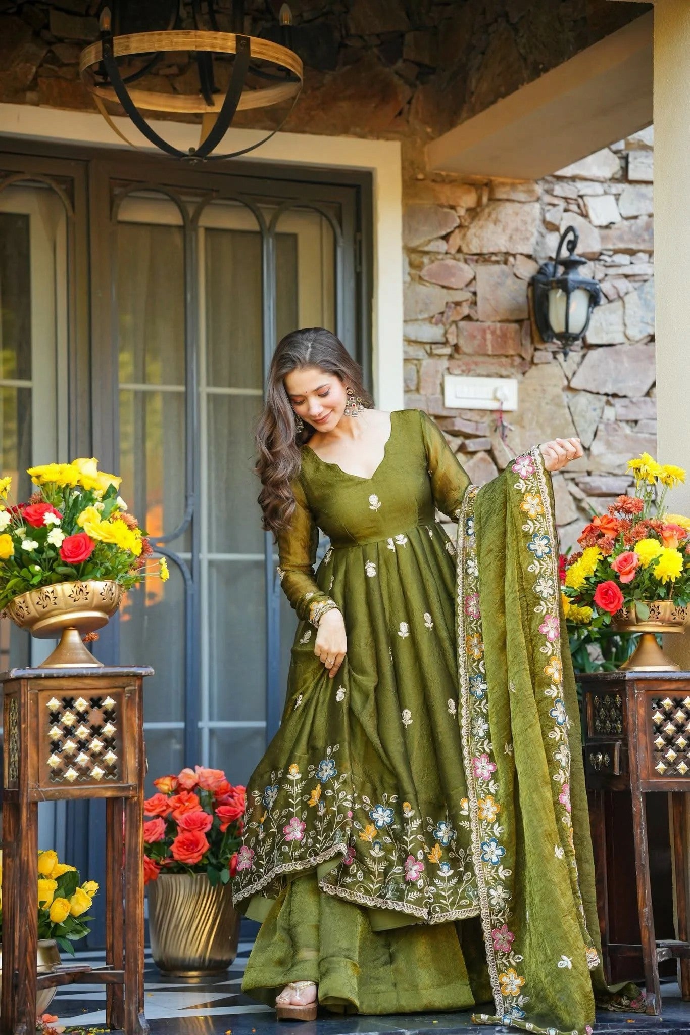 Olive Green Floral Crunchy Silk Anarkali Suit Set