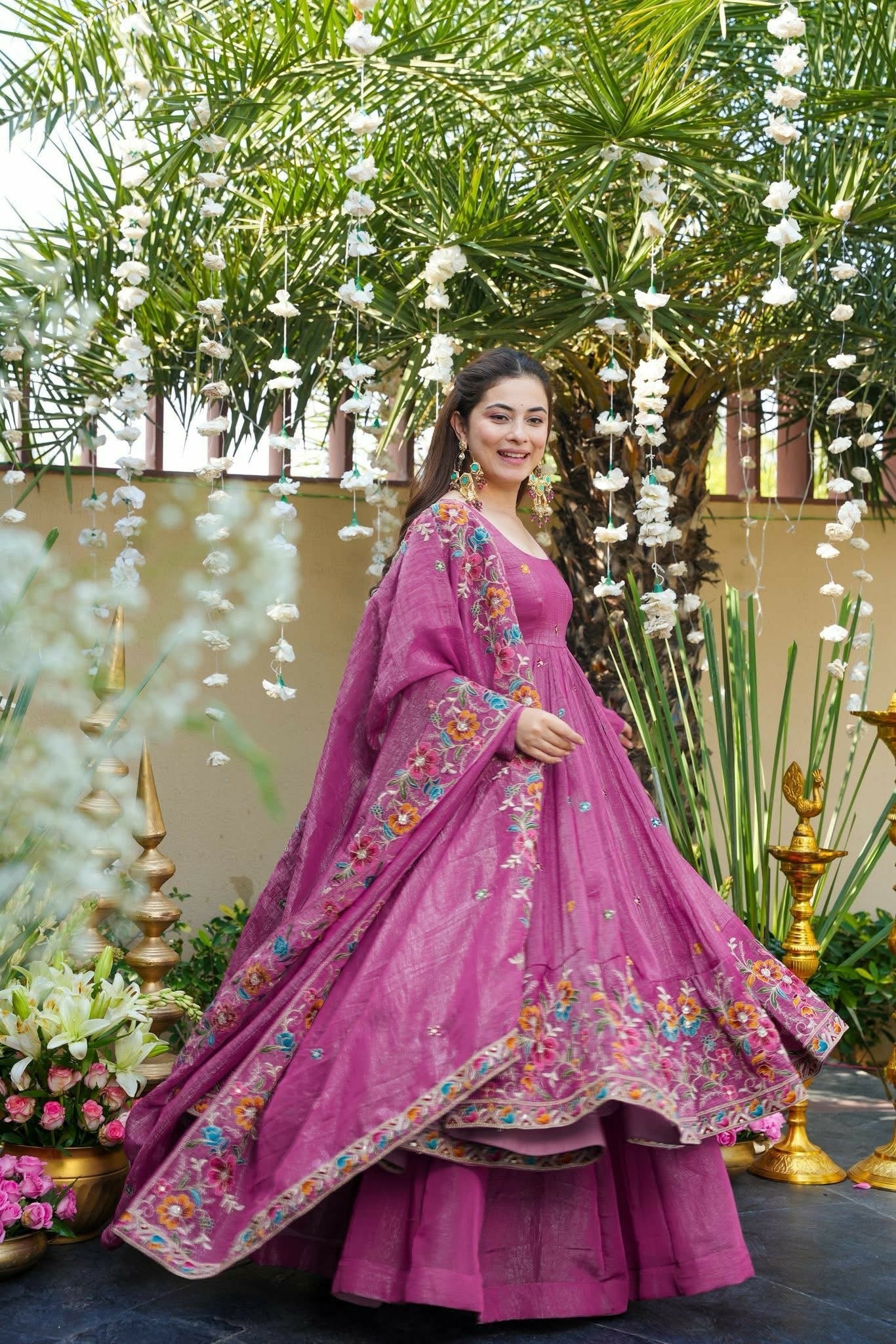 Magenta Pink Floral Crunchy Silk Anarkali Suit Set