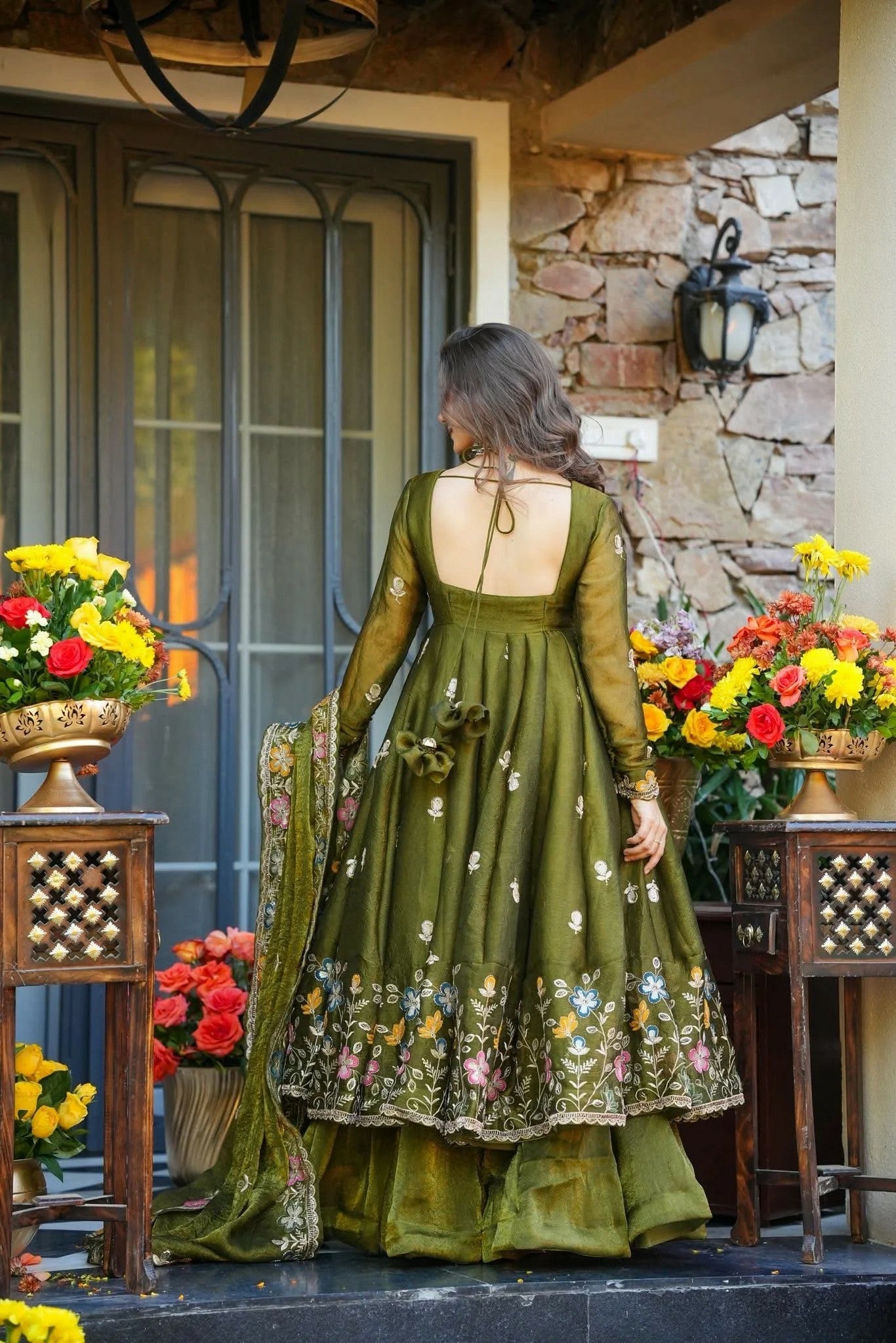 Olive Green Floral Crunchy Silk Anarkali Suit Set