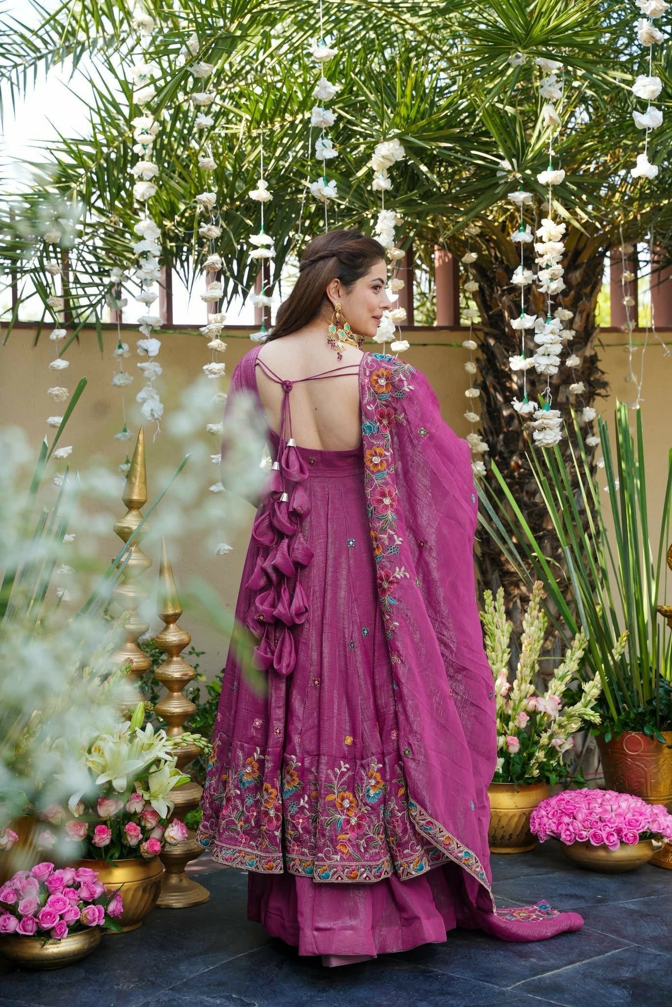 Magenta Pink Floral Crunchy Silk Anarkali Suit Set