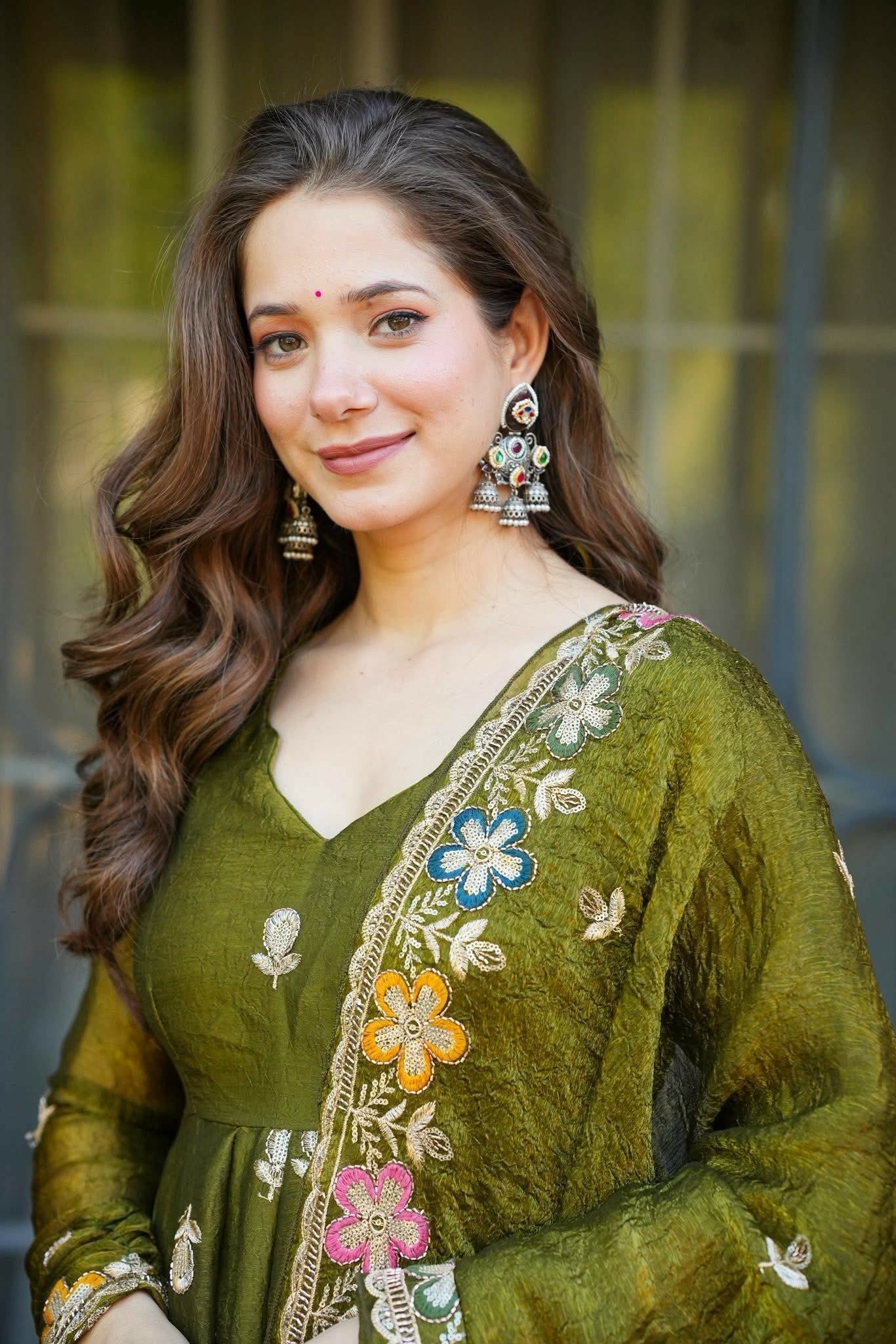 Olive Green Floral Crunchy Silk Anarkali Suit Set