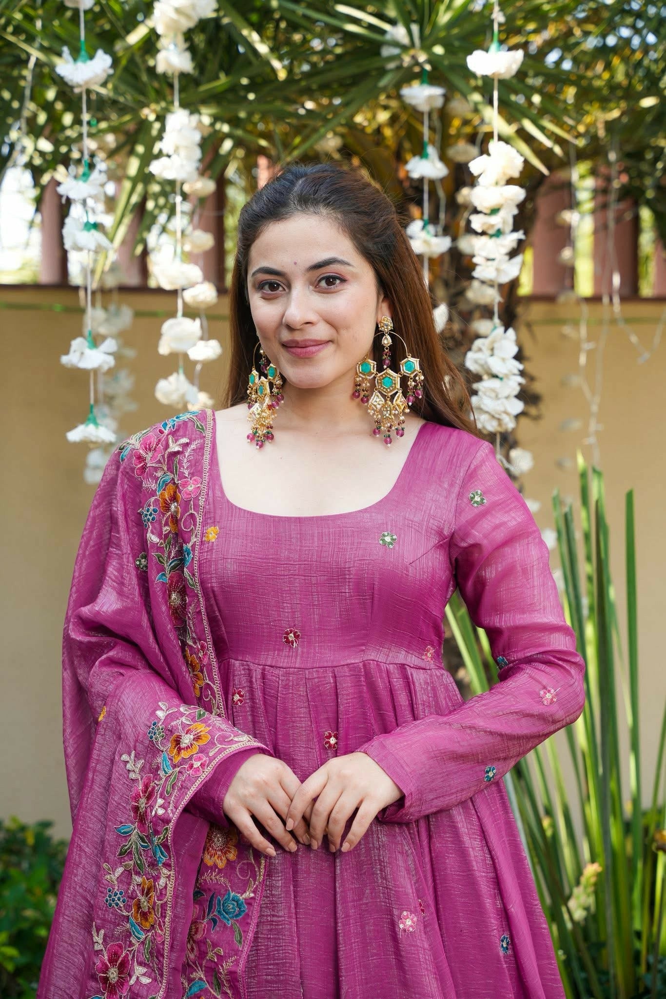 Magenta Pink Floral Crunchy Silk Anarkali Suit Set