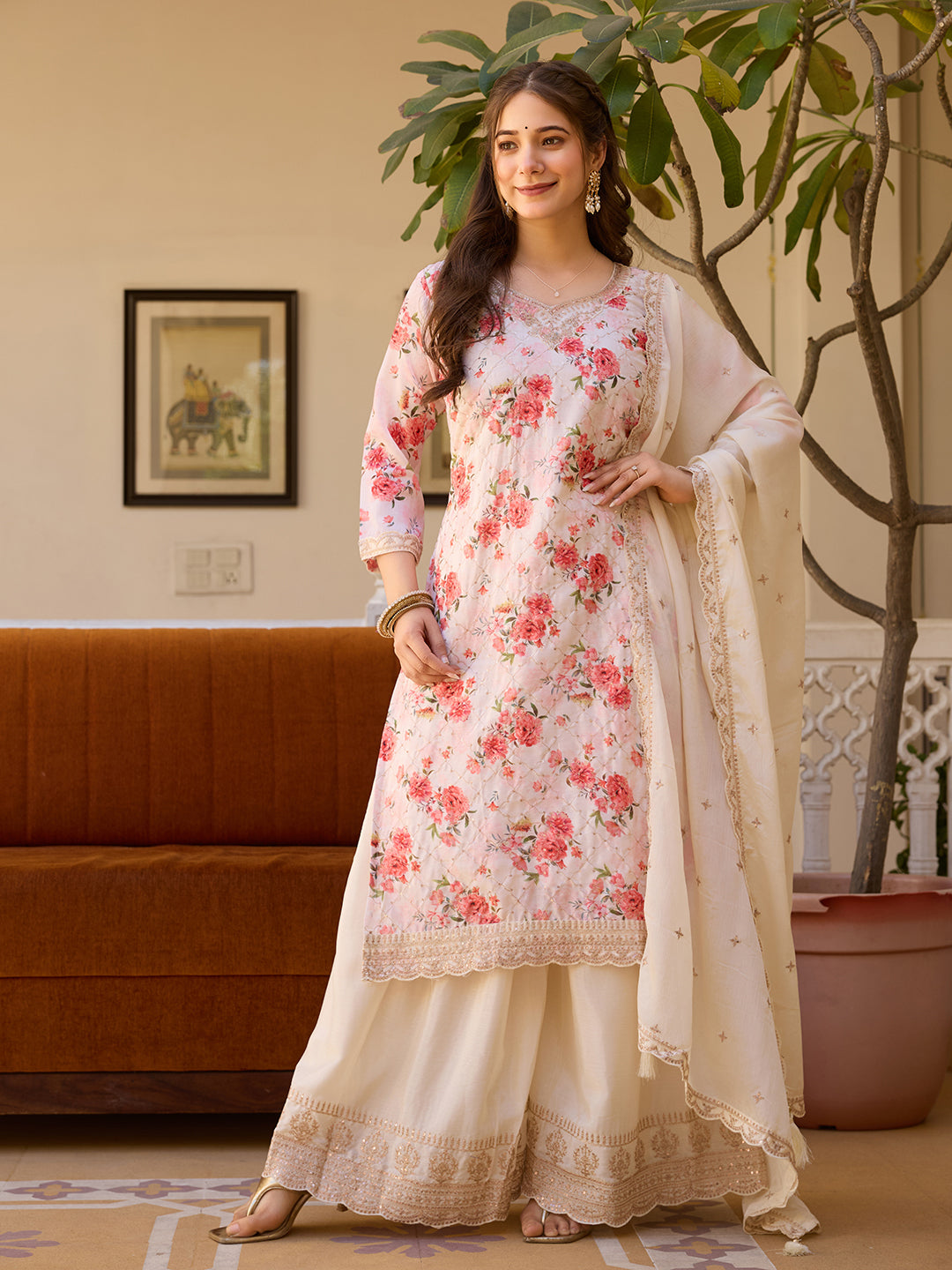 Off-White Floral Print Kurta Sharara Set