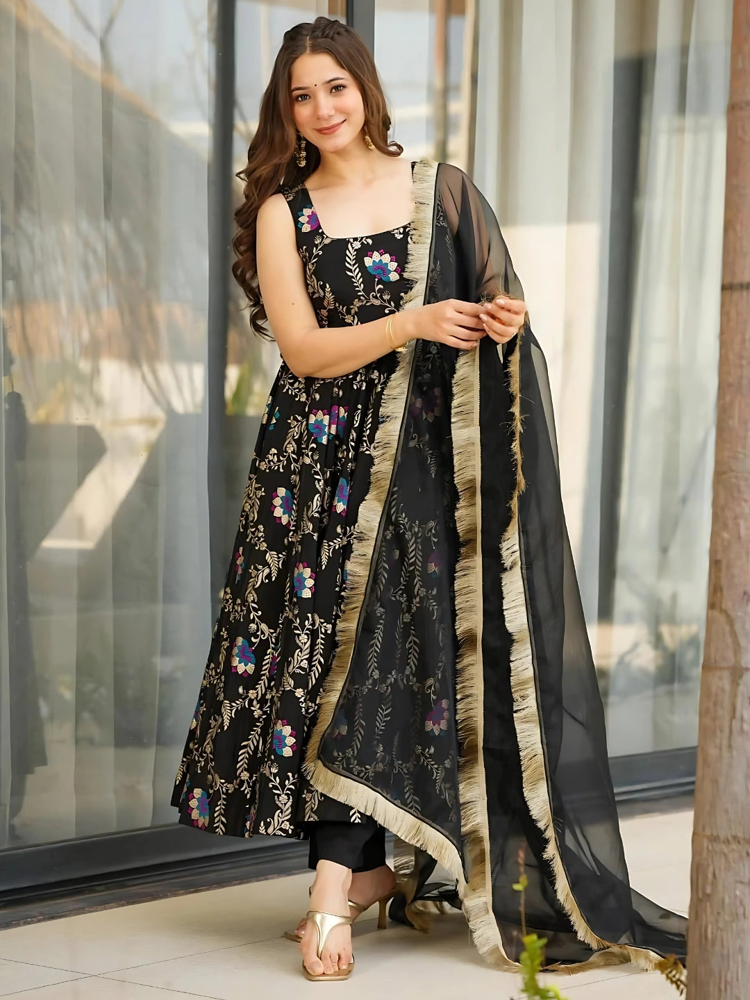 Black Printed Sleeveless Anarkali Kurta Set