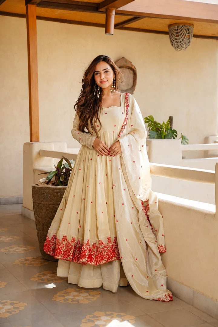 Women’s Cream Silk Embroidered Anarkali Suit Set with Dupatta & Palazzo