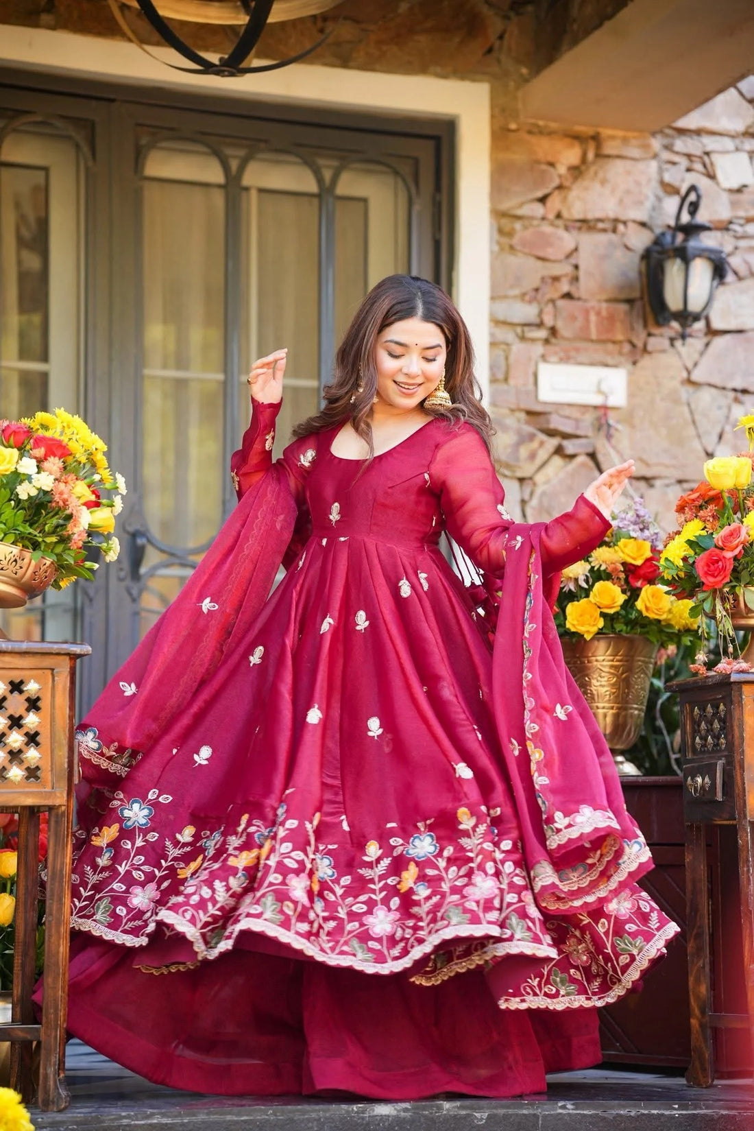 Wine Floral Crunchy Silk Anarkali Suit Set