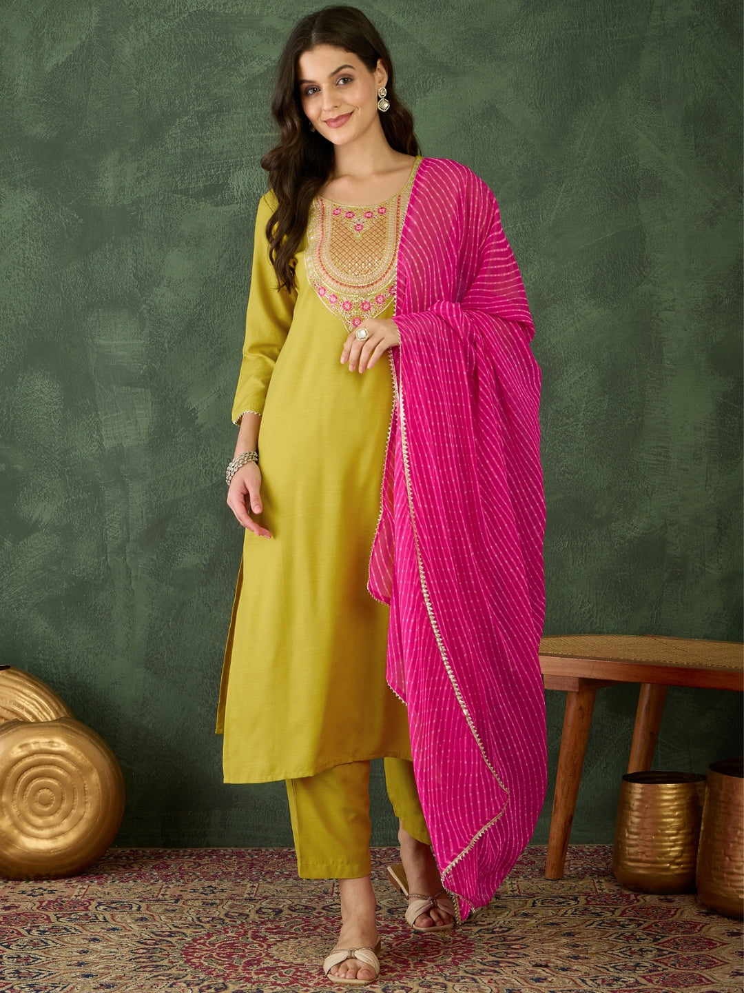 Lime Green Embroidered Chanderi Kurta Set