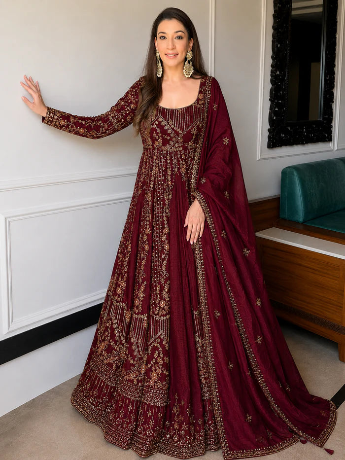 Traditional Maroon Silk Anarkali Suit Set