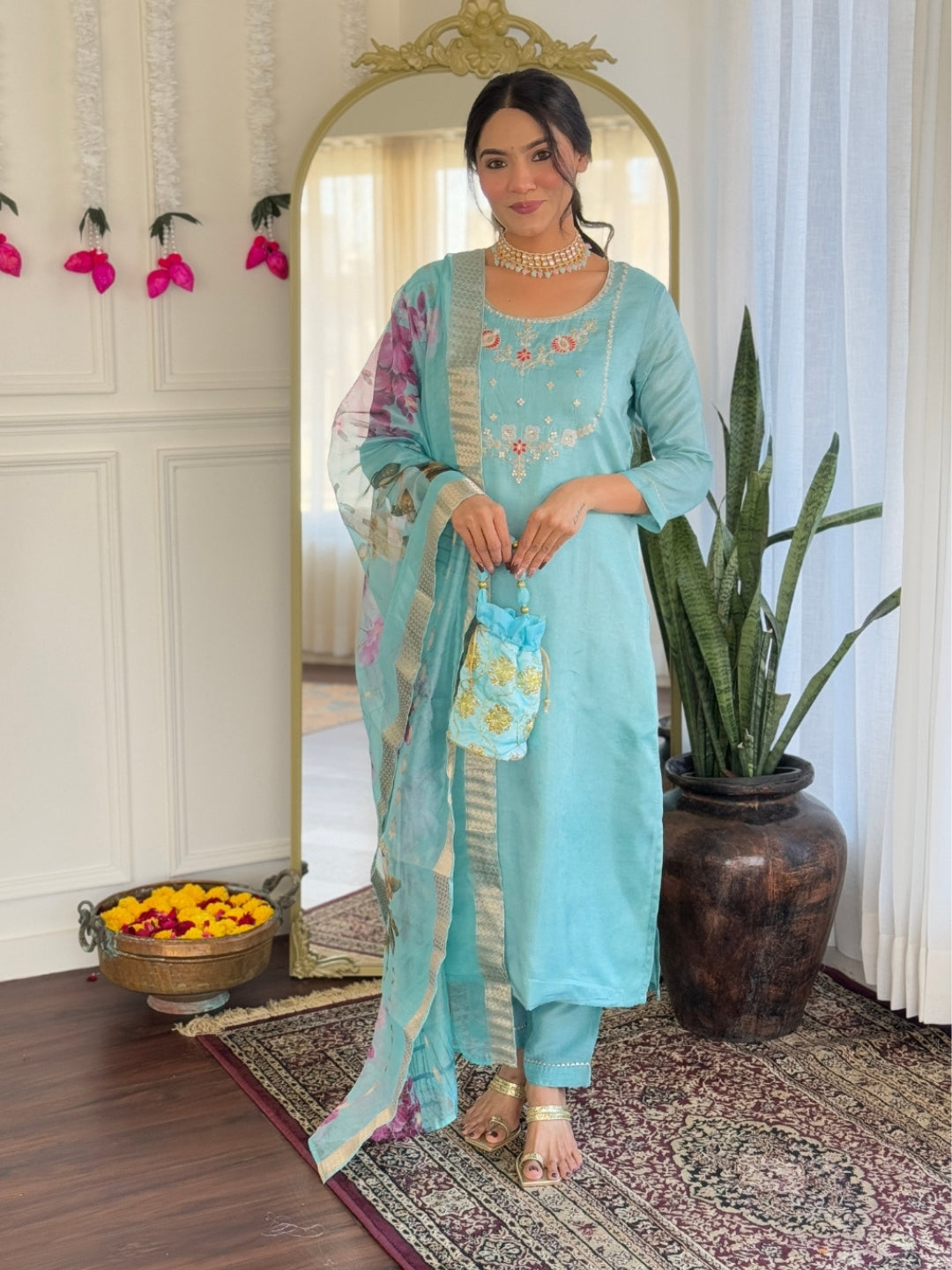 Aqua Bloom Floral Kurta Pant Dupatta Set