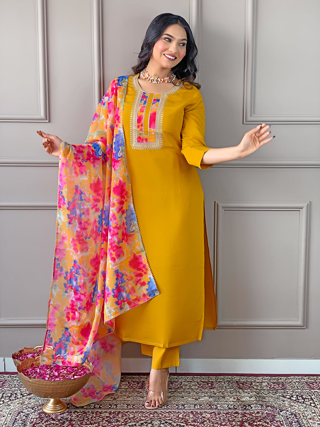 Mustard Yellow Floral Dupatta Kurta Pant Set