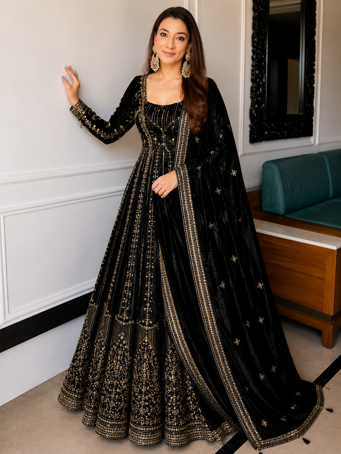 Black Crunchy Silk Embroidered Anarkali Suit Set