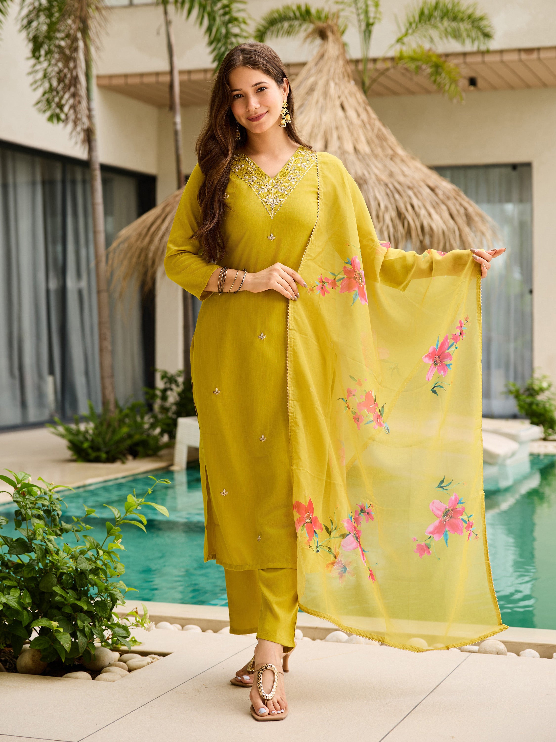 Olive Lime Green Embroidered Kurta Pant Set