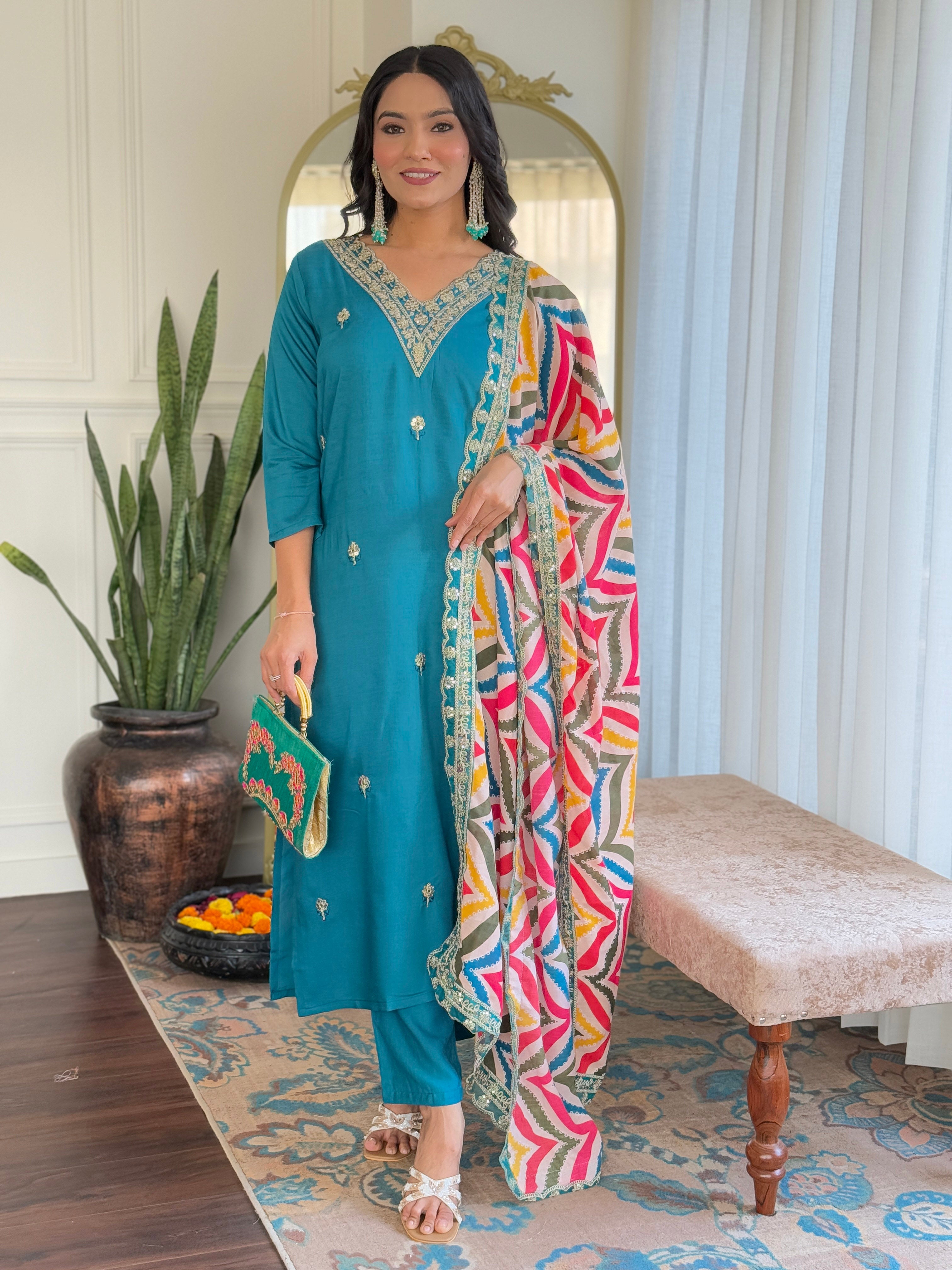 Teal Blue Embroidered Kurta Pant