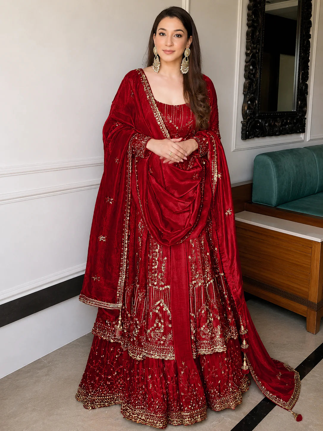 Red Crunchy Silk Embroidered Anarkali Suit Set