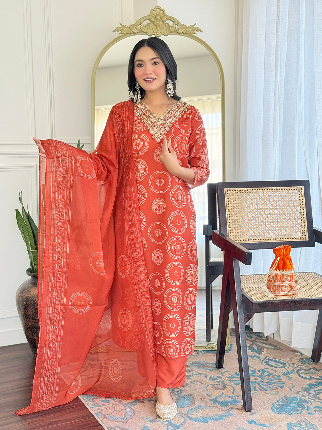 Rust Orange Geometric Salwar Suit Set