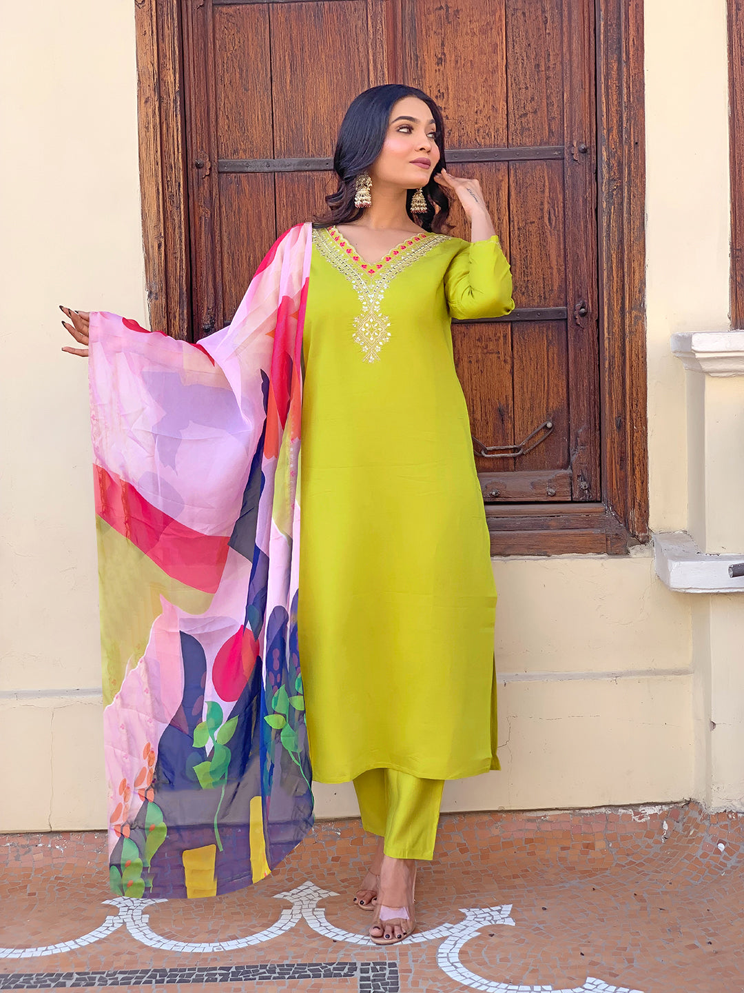 Lime Green Embroidered Kurta Set