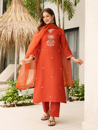 Rust Orange Solid Straight Salwar Suit Set
