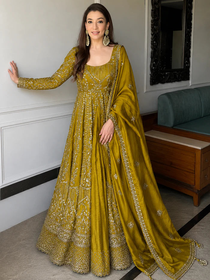 Mustard Embroidered Anarkali Suit Set