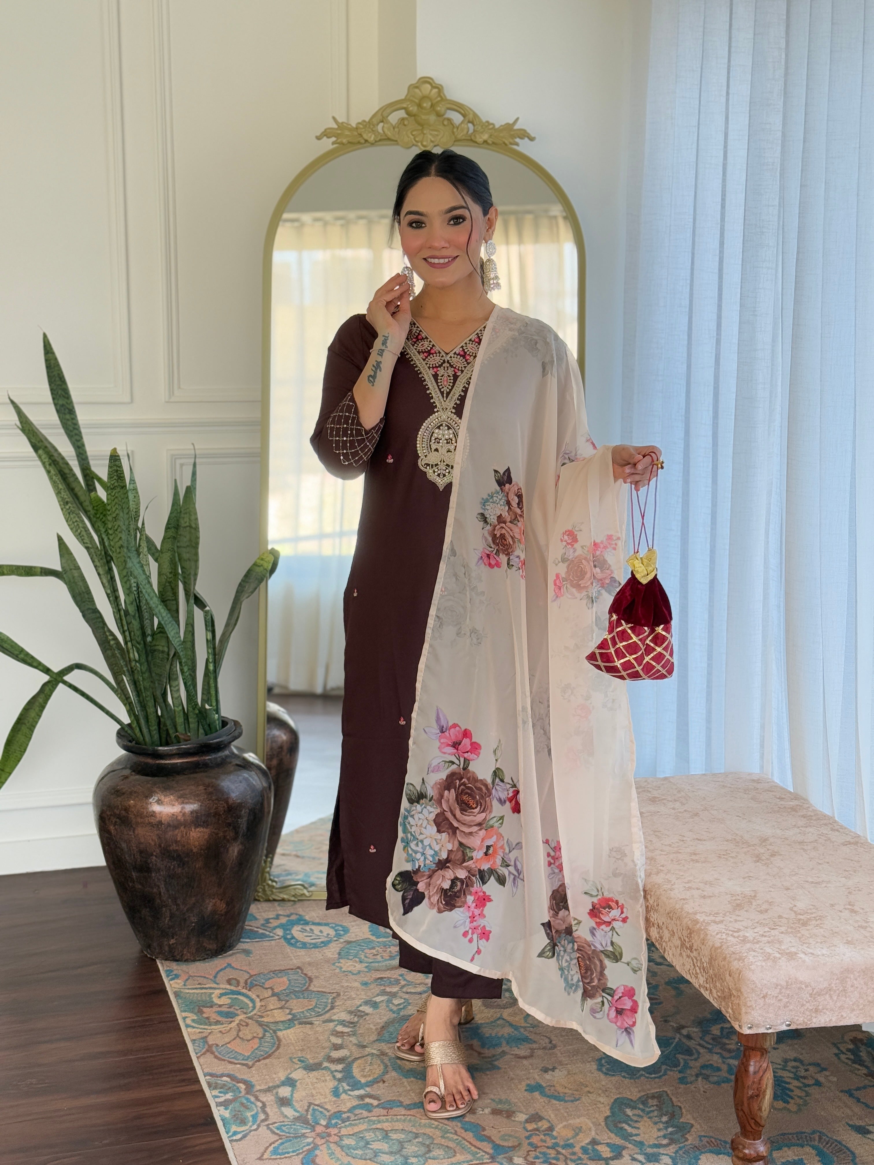 Mocha Rose Embroidered Kurta Pant