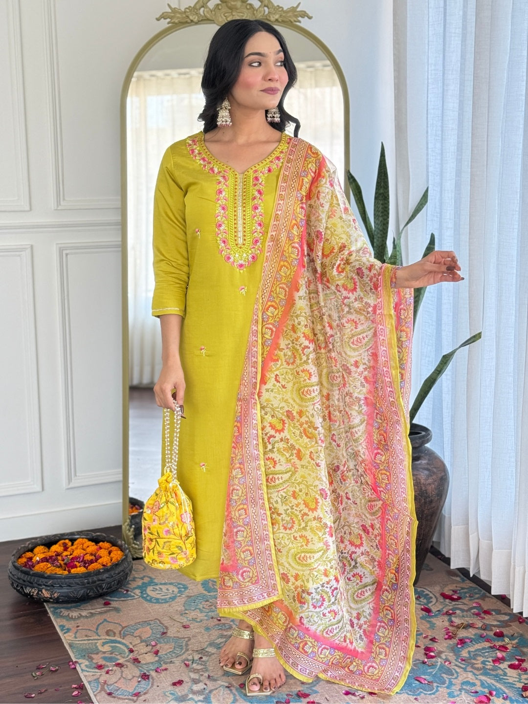Golden Glow Viscose Silk Kurta Pant Set