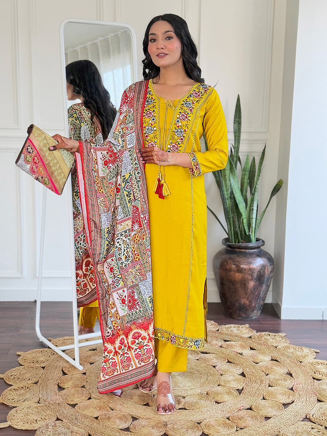 Mustard Floral Embroidered Kurta Pant Set