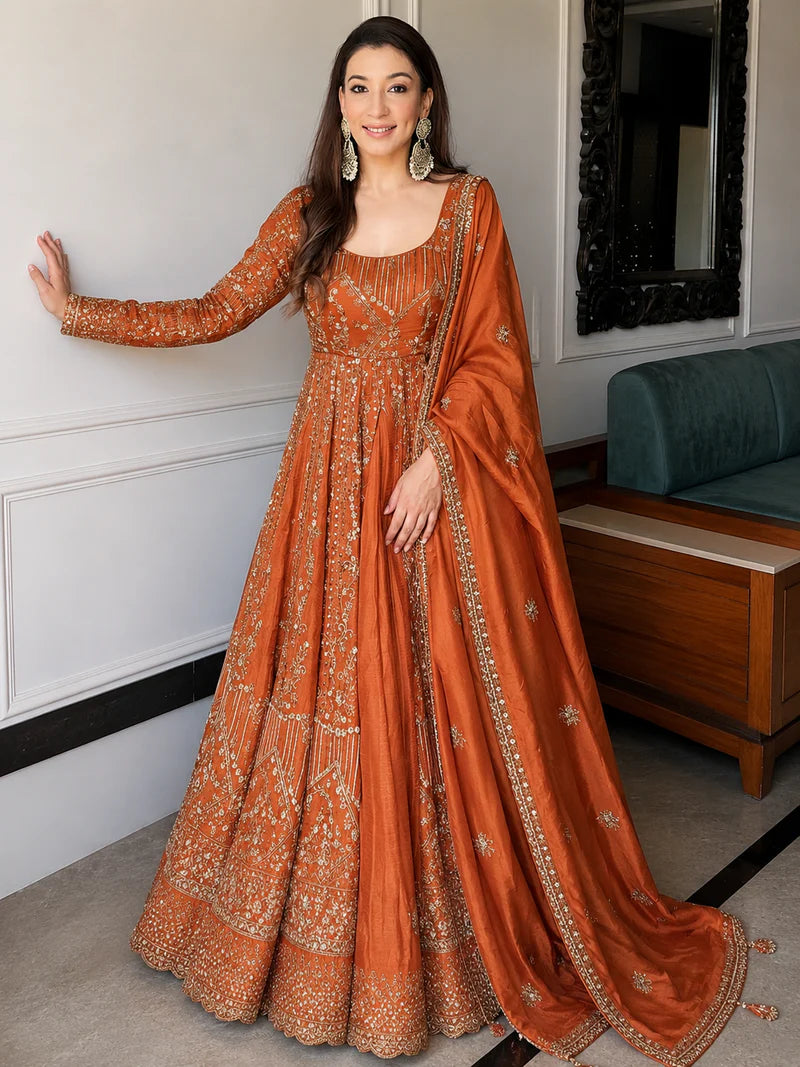 Orange Wedding Wear Embroidered Anarkali Suit Set