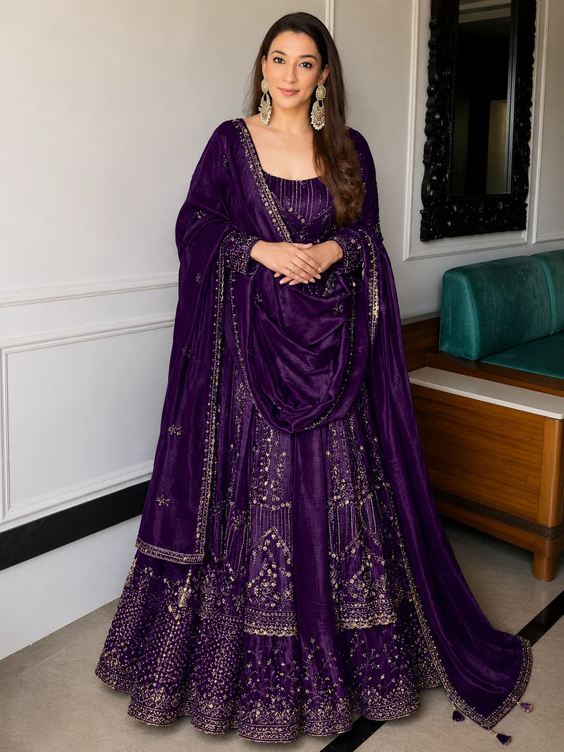 Purple Crunchy Silk Embroidered Anarkali Suit Set