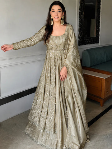 Grey Designer Embroidered Anarkali Suit Set