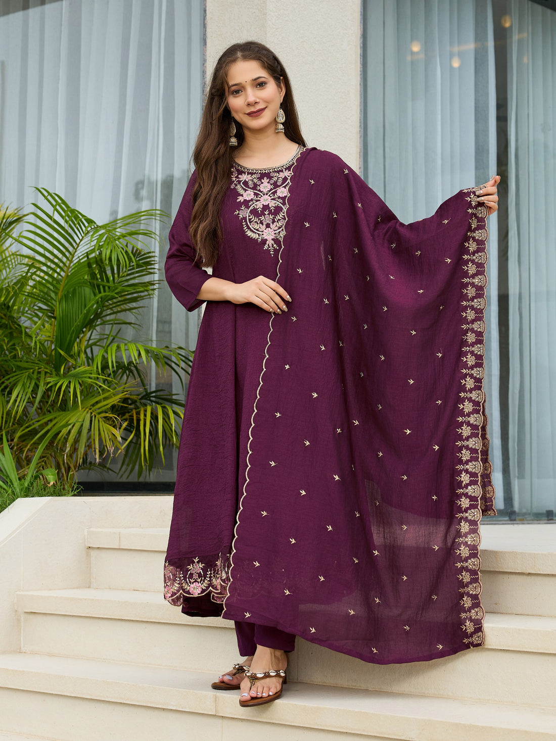 Noorika Plum Embroidered Anarkali Kurta Set