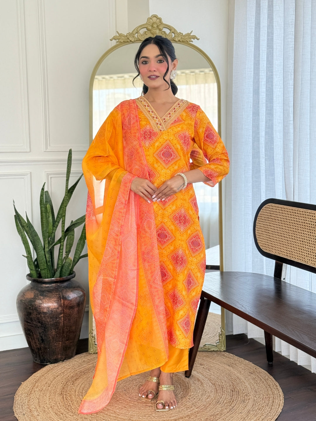 Orange Bandhani Print Straight Salwar Suit Set