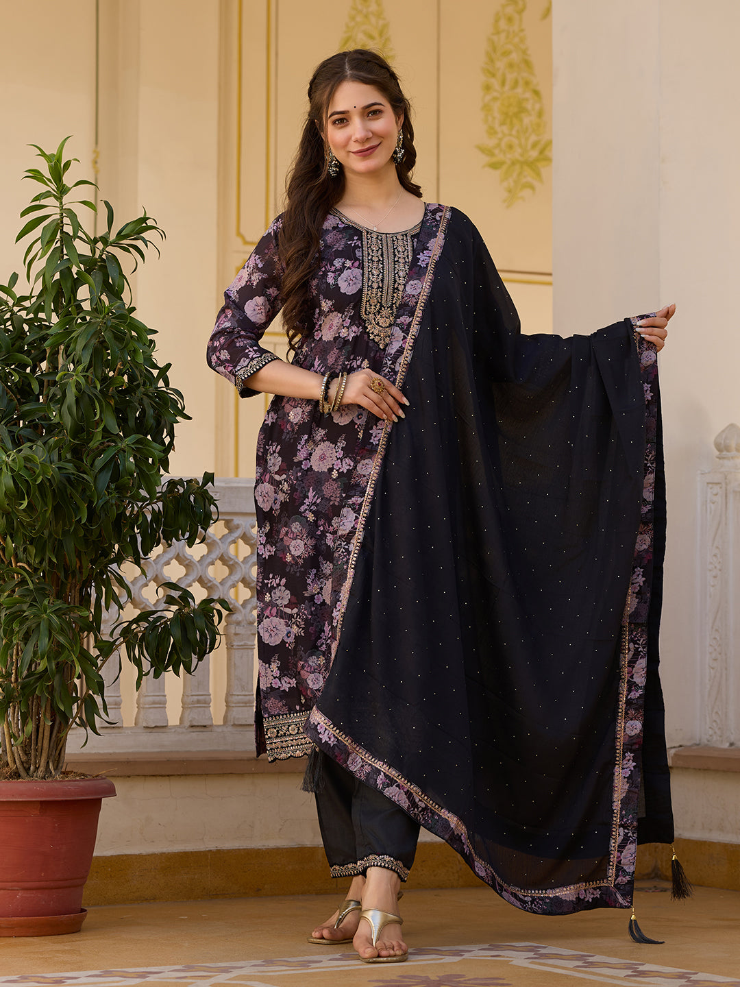Black Floral Printed Kurta Pant Set