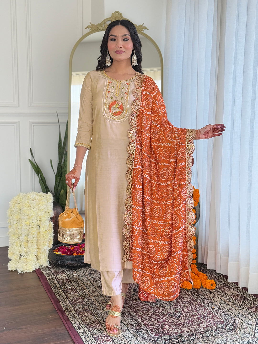 Beige Silk Blend Kurta Pant Set