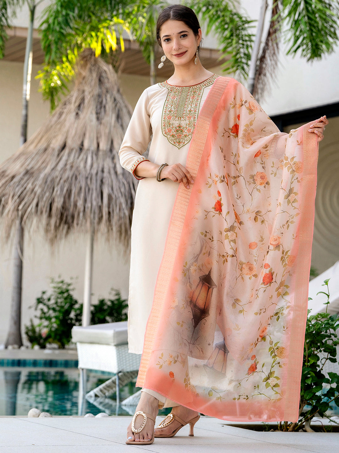 Cream Silk Embroidered Suit Sets